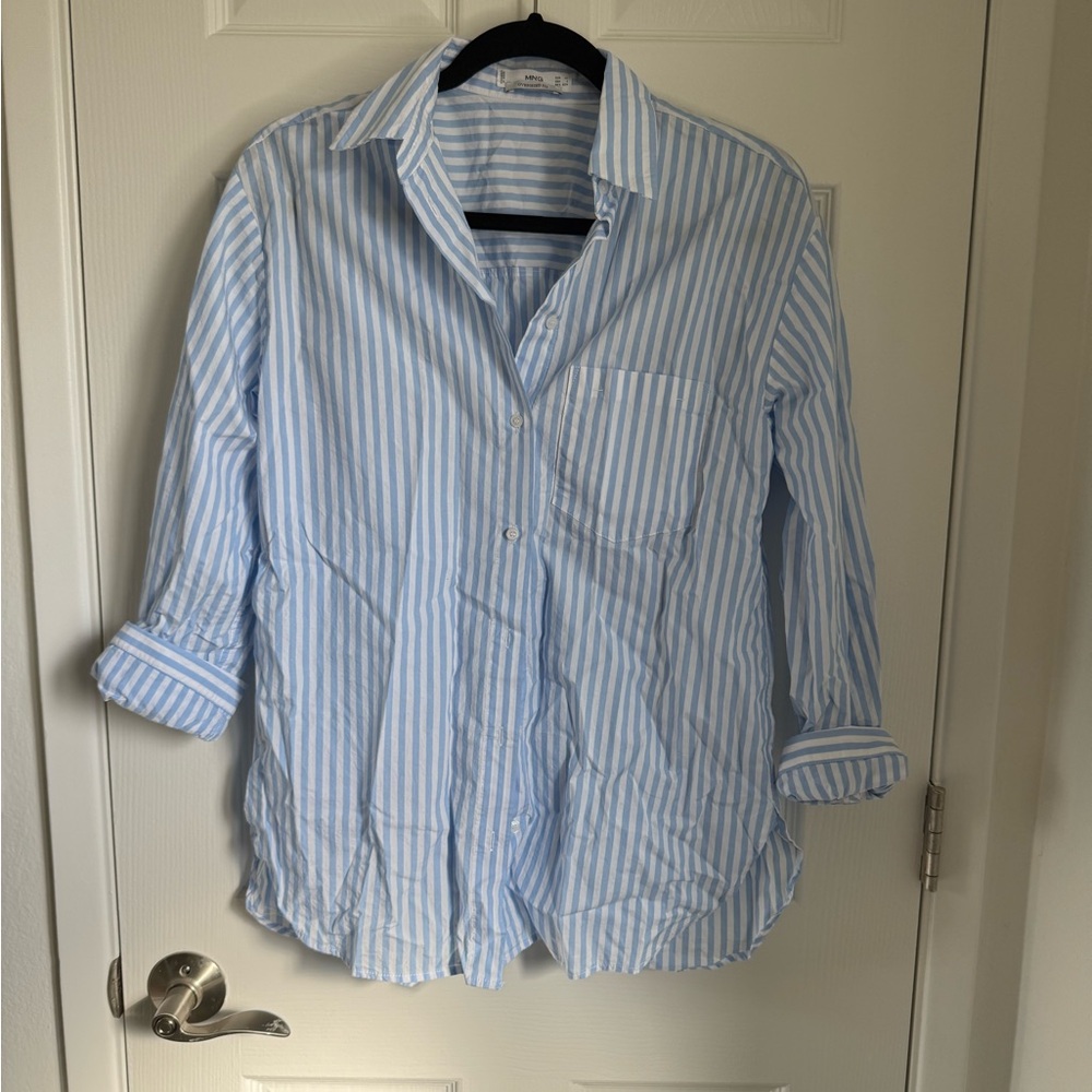 Mango Blue and White Striped Button Down Shirt